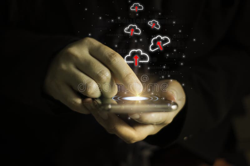 Woman using hand touch screen smart phone,cloud icon dark background,Concept collect data cloud computing technology 4.0 ,speed royalty free stock images Woman using hand touch screen smart phone,cloud icon dark background,Concept collect data cloud computing technology 4.0 ,speed royalty free stock images