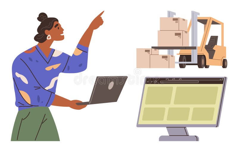 Woman managing logistics with laptop, forklift carrying boxes, and inventory system on computer screen stock illustration