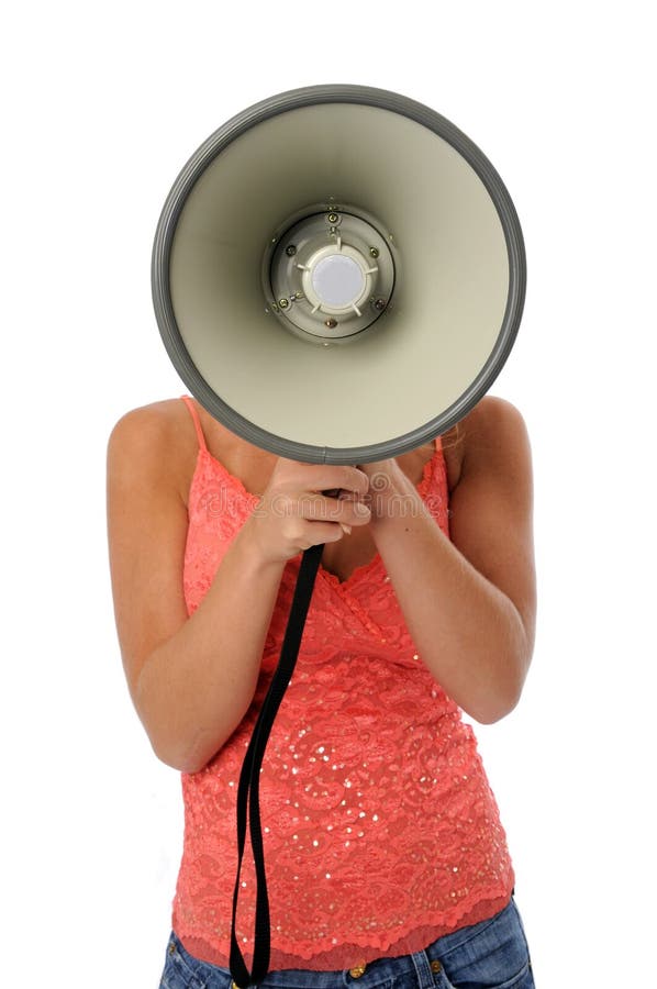 Woman using a megaphone isolated over a white background. Woman using a megaphone isolated over a white background