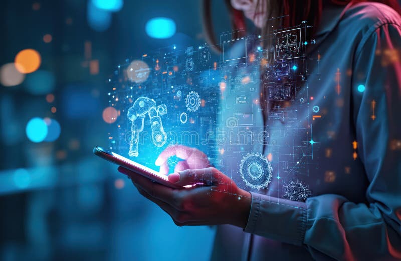 Woman using mobile device interacts with tech sketch hologram. AI concept includes software innovation, digital machine, future vector illustration