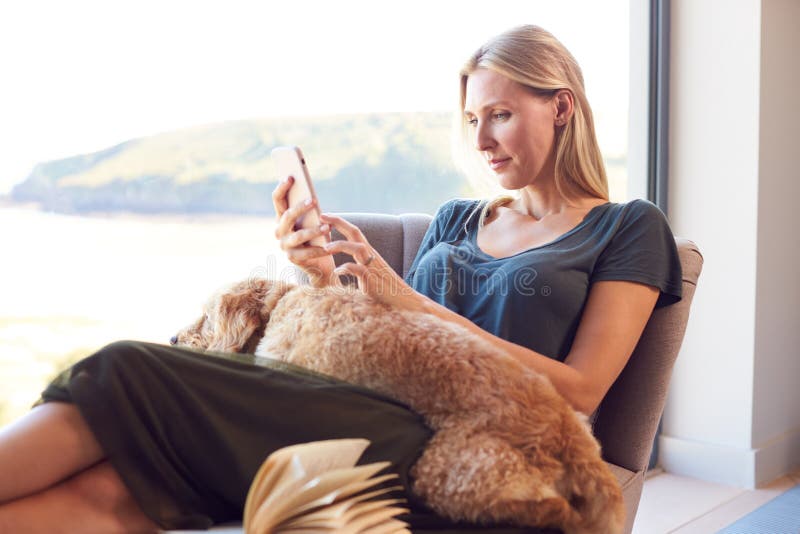 Woman Using Mobile Phone Relaxing In Chair By Window At Home With Pet Dog royalty free stock photography