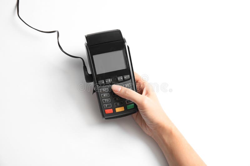 Woman using modern payment terminal on white background, top view stock image Woman using modern payment terminal on white background, top view stock image