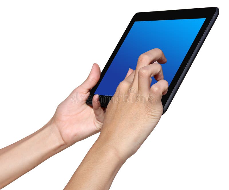 Woman using tablet. Business woman using a tablet computer, isolated on white background
