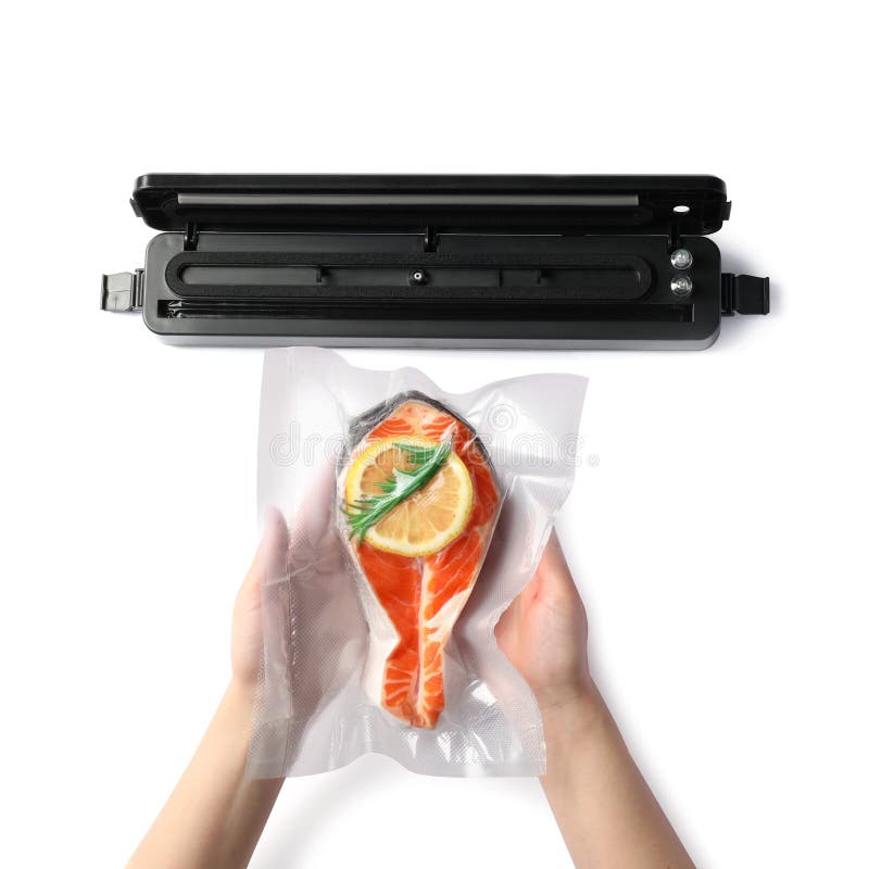 Woman Using Vacuum Sealer on White Background, Top View. Salmon with
