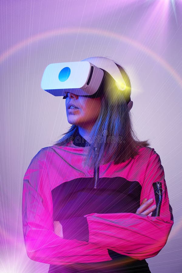 Woman is Using Virtual Reality Headset. Concept of Virtual, Augmented