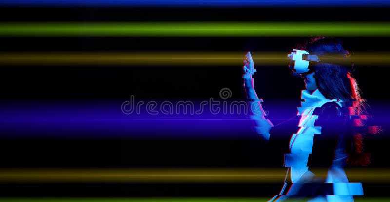 Woman is using virtual reality headset. Image with glitch effect. stock image Woman is using virtual reality headset. Image with glitch effect. stock image