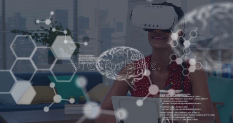 Woman using VR headset exploring virtual brain simulation in modern office stock images
