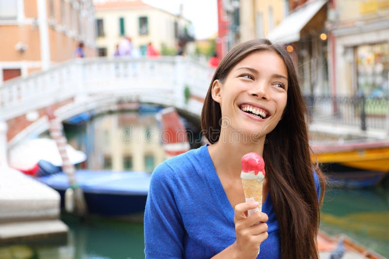 Woman in Venice, Italy eating Ice cream
