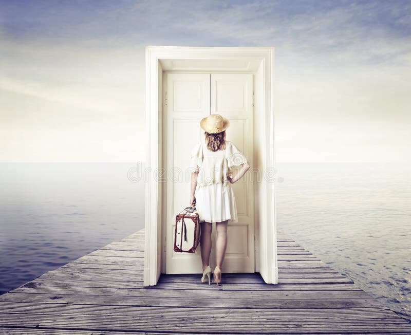 Woman waiting on a dock in the middle of the sea in front of a white door. Woman waiting on a dock in the middle of the sea in front of a white door