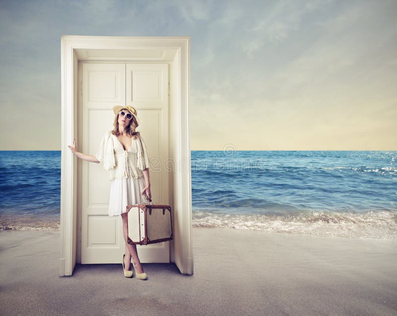 Woman waiting in the middle of the sea side in front of a white door. Woman waiting in the middle of the sea side in front of a white door