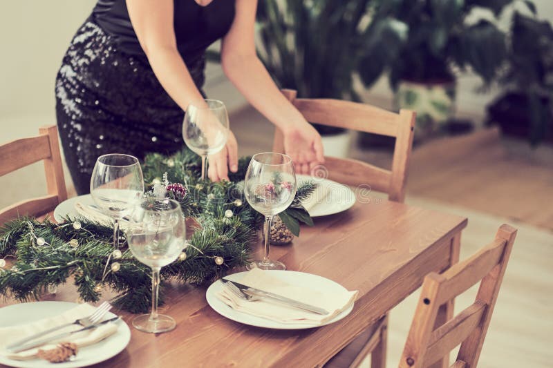 Woman is Waiting for Guests and Sets the Table. Festive Laying Table ...