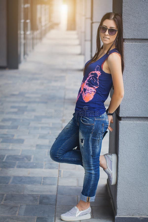 Woman walking in the city stock image. Image of female - 56074185