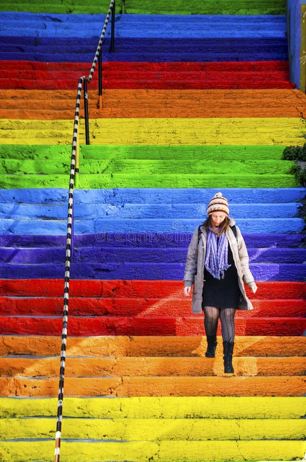 Woman is Walking in the Rainbow-colored Stairs Editorial Stock Photo ...