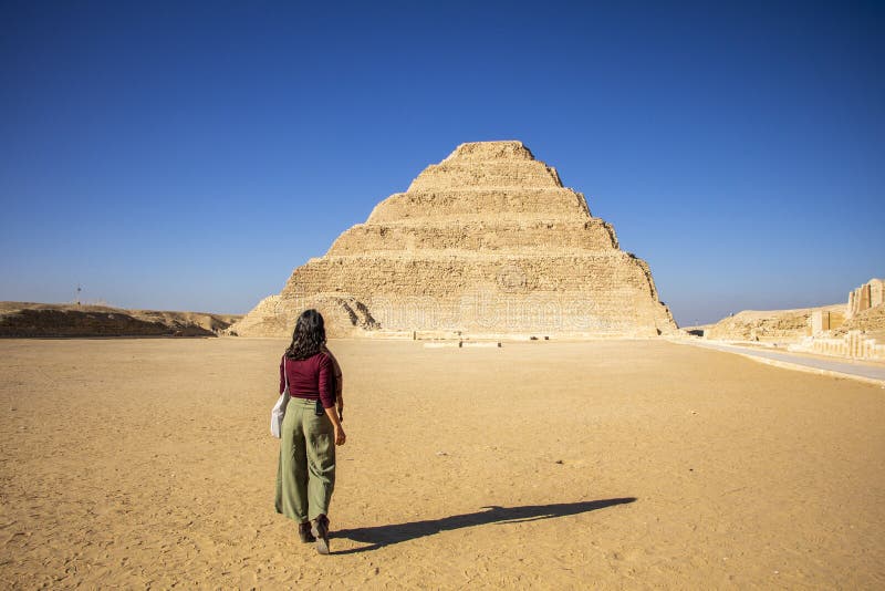 Woman Walking Towards Pyramid Djoser, Saqqara Near Cairo in Egypt Stock ...