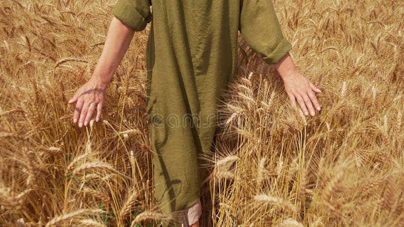 Woman walking through wheat field -  medium close up