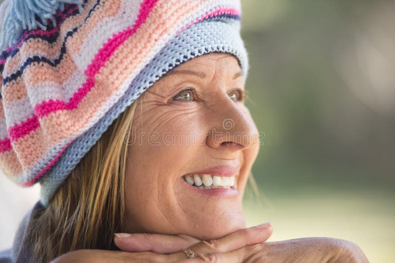 Woman with warm beanie cap winter