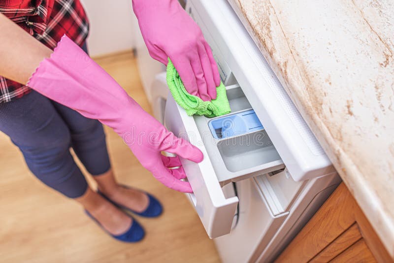 Kitchen and Bathroom Cleaning. the Woman Washes the Washing Machine