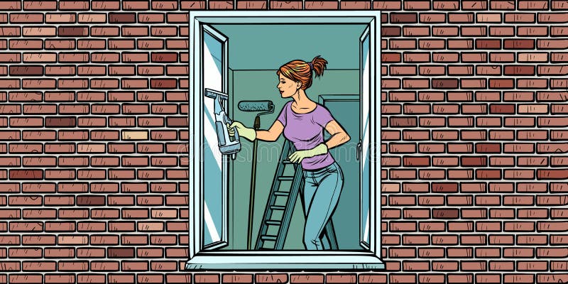 Woman washes a window, home cleaning vector illustration Woman washes a window, home cleaning vector illustration