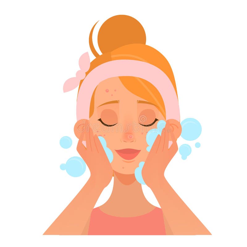 Woman washing her face. Skin cleansing procedure. vector illustration