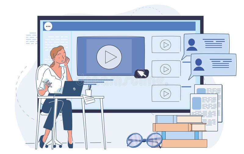Woman watching online course at desk. Vector illustration vector illustration