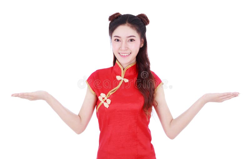 Woman wear red cheongsam with open hand palm in concept of happy stock photos Woman wear red cheongsam with open hand palm in concept of happy stock photos