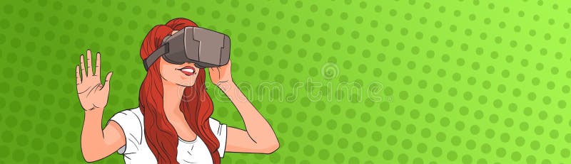 Woman Wear Virtual Reality Digital Glasses Pop Art Colorful Retro Style vector illustration Woman Wear Virtual Reality Digital Glasses Pop Art Colorful Retro Style vector illustration