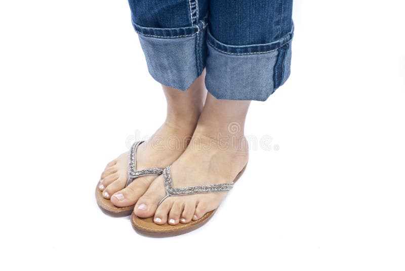 Woman Wearing Blue Jeans And Stylish Flip Flops Stock Image - Image of ...