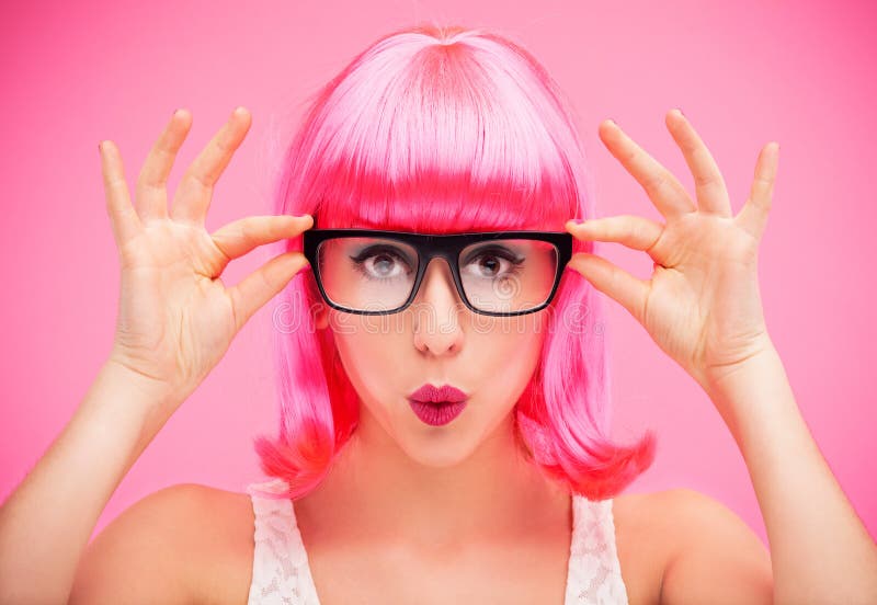 Woman Wearing Glasses and Wig Stock Image Image of emotion, studio 28162075