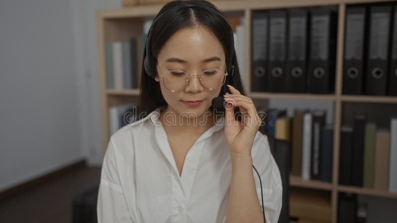 Woman wearing headset in office setting with bookshelves in the background stock photo