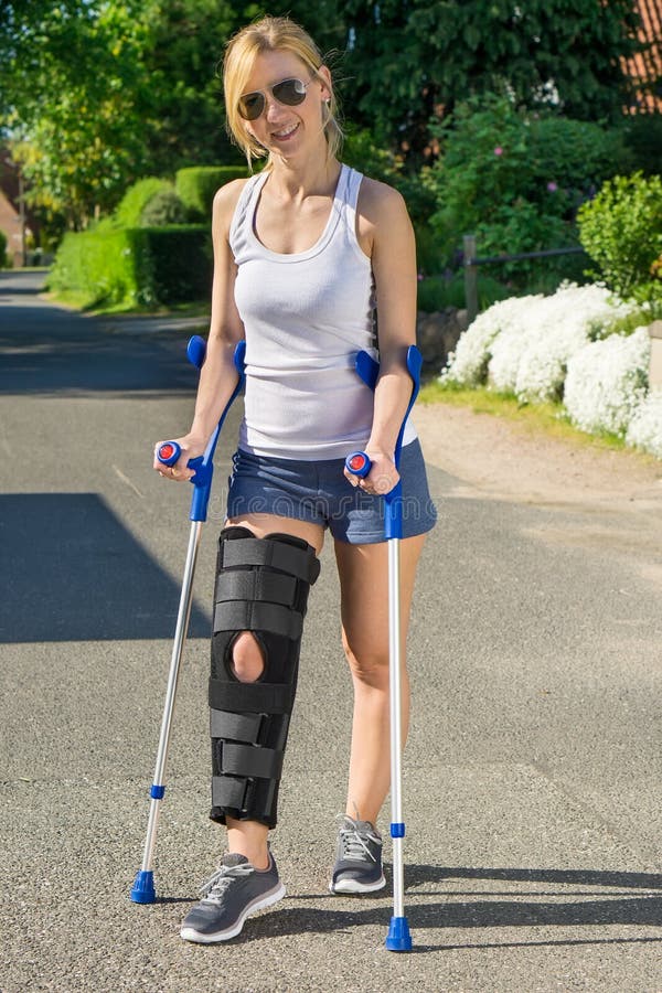 Woman wearing an orthopaedic leg brace. 