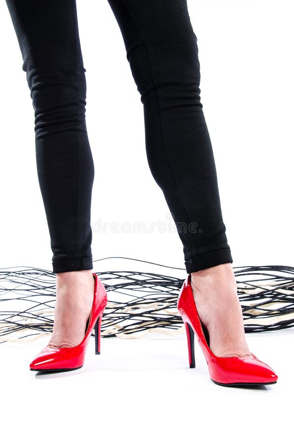 Female Legs Black Leggings Red High Heels Shoes Stock Photos