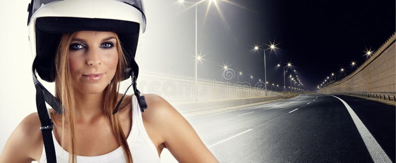 Woman Wearing a Red Motorcycle Helmet Stock Image - Image of road