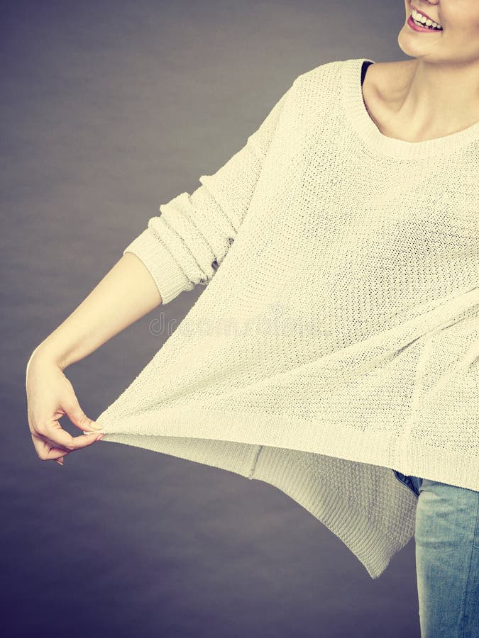 Woman Wearing Too Big Jumper Stock Photo - Image of enjoying, oversize ...