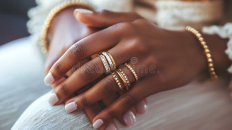 A woman is wearing a variety of gold rings on her fingers. The rings are of different sizes and styles, and they are all placed on her hands. Concept of elegance and sophistication. Different color styles stock images, royalty-free photos and pictures