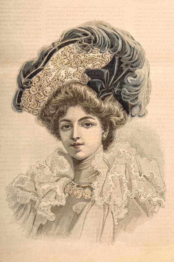 Woman Wearing Vintage Elegant Dress Hat Antique Fashion Engraving Stock ...