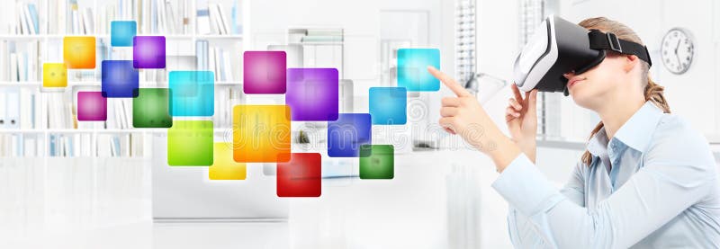 Woman wearing virtual reality glasses in office, hand pointing t stock photography Woman wearing virtual reality glasses in office, hand pointing t stock photography