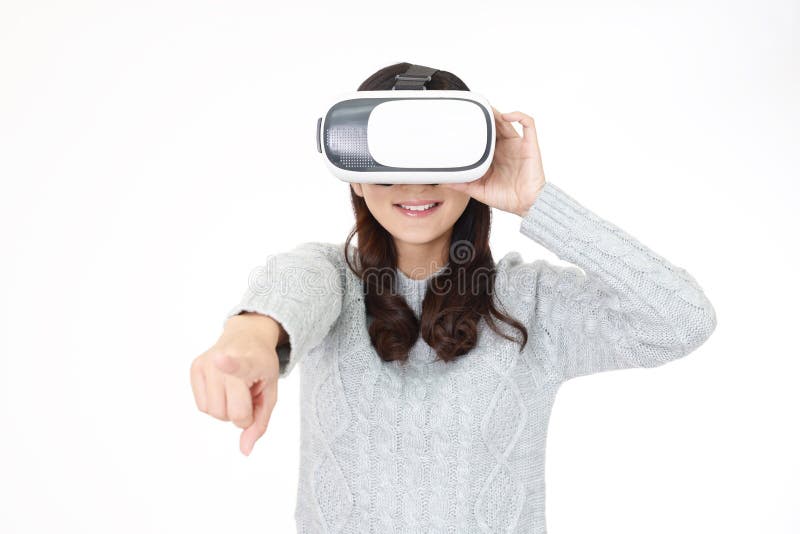 Girl Wearing Virtual Reality Goggles At Home Stock Photo 