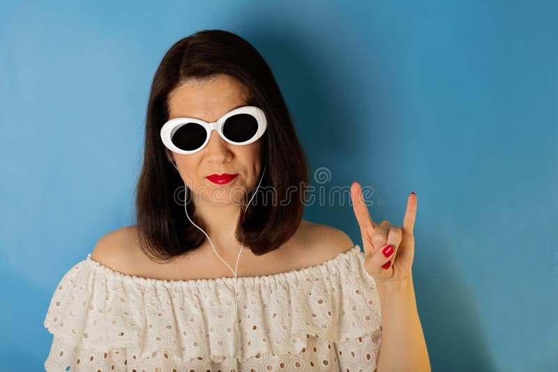 Woman in White Blouse and Sunglasses with Red Lipstick and Nail Stock ...