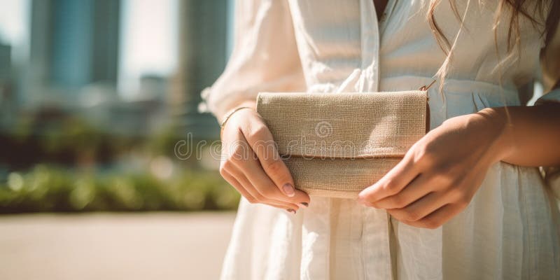 A woman in a white dress holding a beige purse, AI