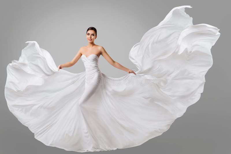 Woman White Dress, Wedding Fashion Model in Long Silk Bride Gown