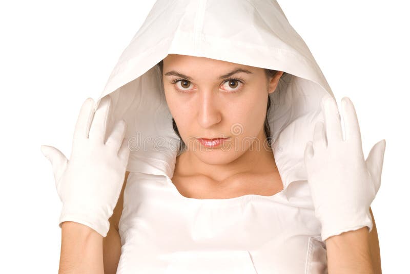 Woman with white hood and gloves