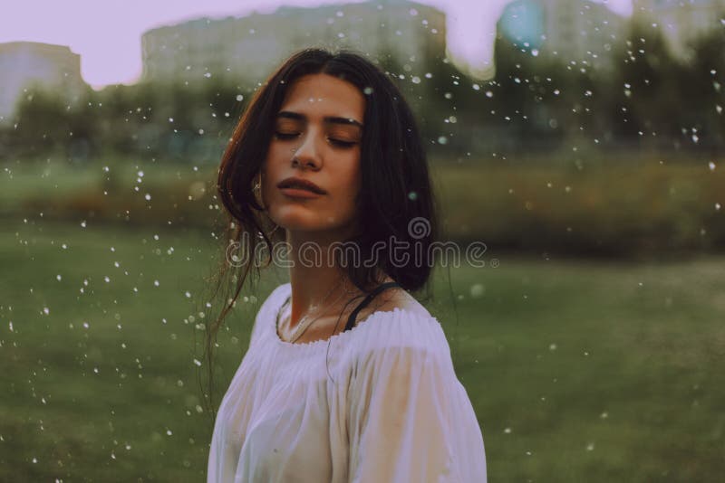 Woman in White Shirt With Green Background stock photos Woman in White Shirt With Green Background stock photos