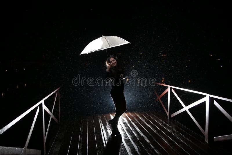 Woman with White Umbrella in Flash Lights and Rain Drops Stock Image