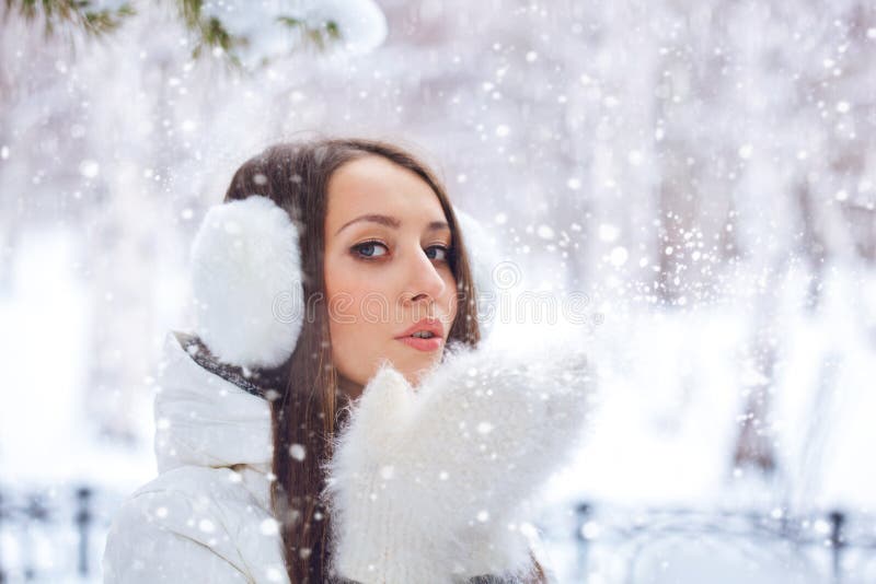 Woman in Winter Park Blowing on Snow Stock Photo - Image of beautiful ...