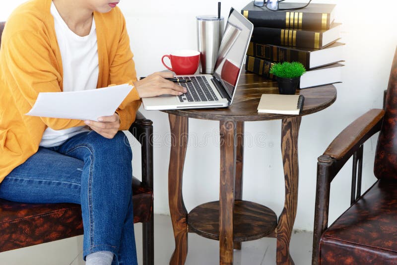 Woman Work at Home with Her Computer and Paper Stock Photo Image of
