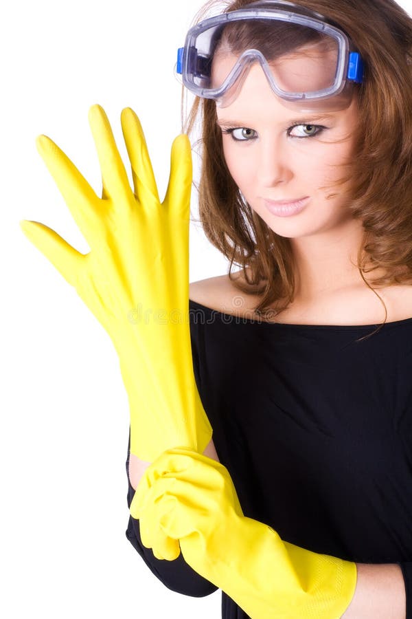 Woman Worker with Yellow Rubber Gloves Stock Image Image of caucasian