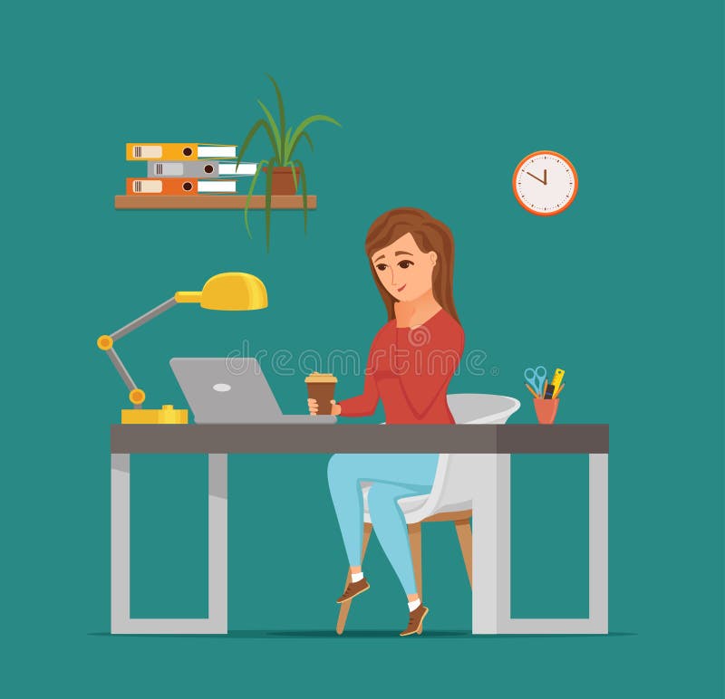 Woman Working on Computer Colorful Vector Concept. Cartoon Flat Style Illustration Stock Vector - Illustration of female, background: 147800804 Woman Working on Computer Colorful Vector Concept. Cartoon Flat Style Illustration Stock Vector - Illustration of female, background: 147800804