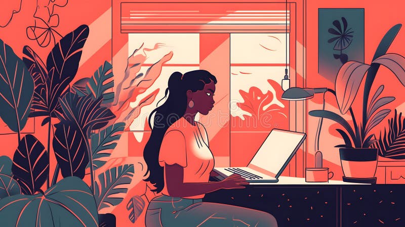 Woman working doing remote work at home, web illustration design, Generative AI vector illustration