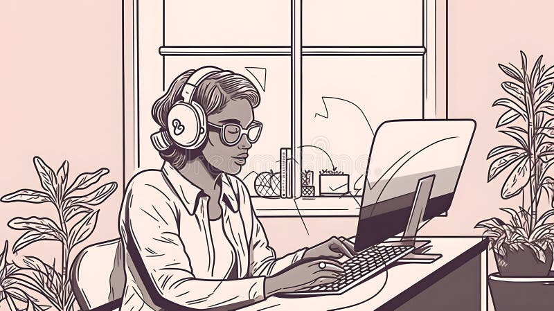Woman working doing remote work at home, web illustration design, Generative AI royalty free illustration