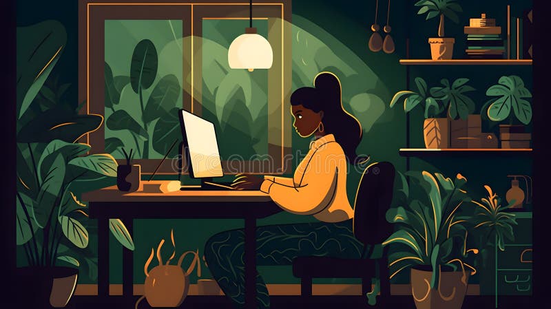 Woman working doing remote work at home, web illustration design, Generative AI royalty free illustration
